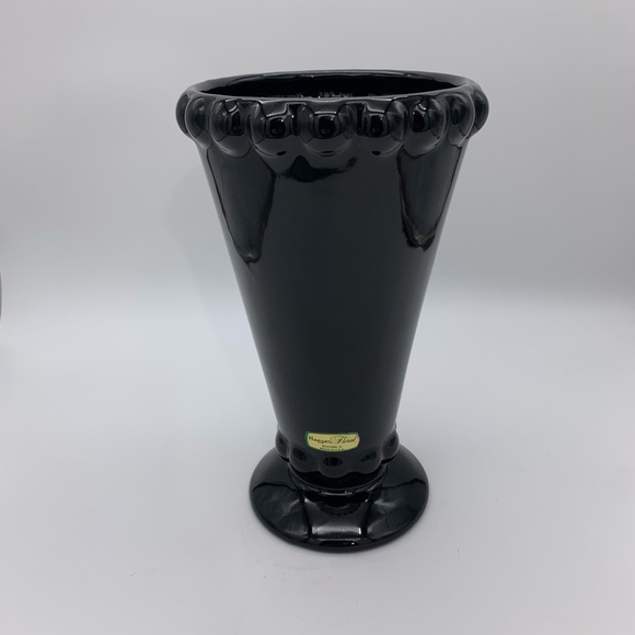 Vtg. Haeger Floral Black Glass Vase 10” Flared Shape With Scalloped Rim & Base - Picture 2 of 11